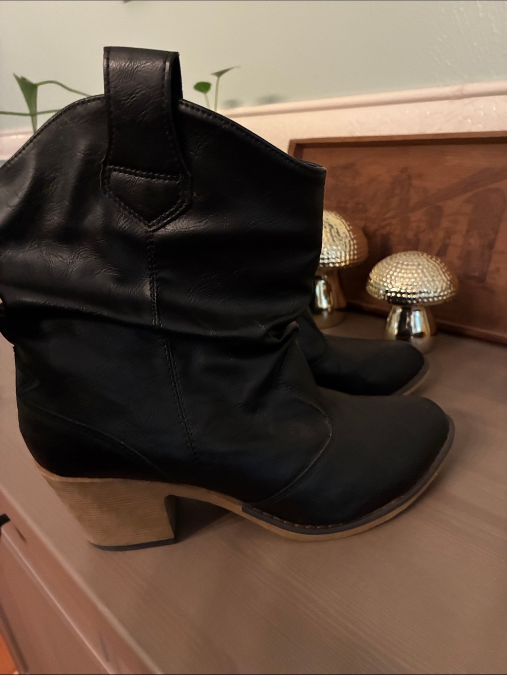 Women's Black Mid-Calf Western Boot with Wood-Effect Block Heel